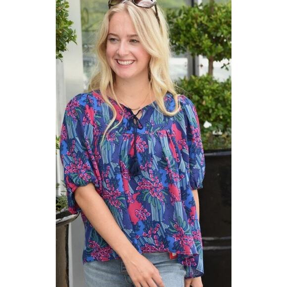 Michelle McDowell  2XL Top Bold colorful w Balloon sleeves Boho chic peasant - Picture 1 of 5